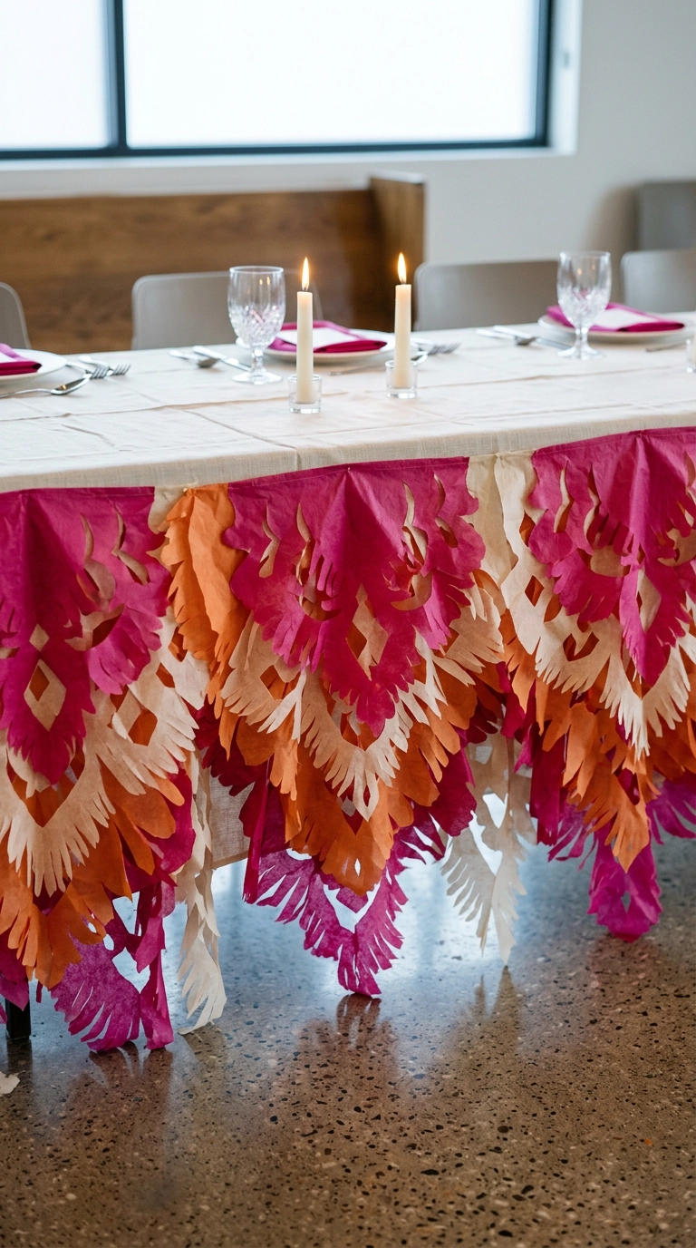 Layered orange, fuchsia, and cream cut-paper skirting pinned along the front of a wedding head table