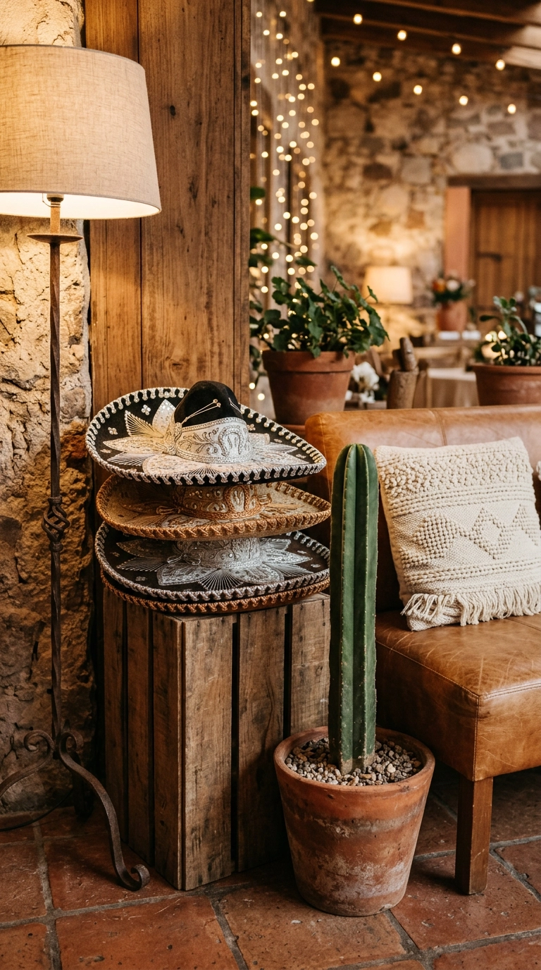 Stacked charro sombreros with silver embroidery on a wood crate beside a cactus at a wedding lounge
