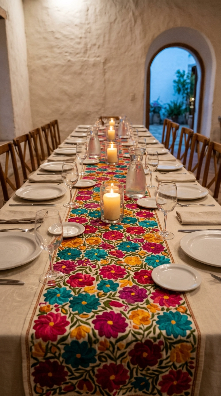 Hand-embroidered Oaxacan floral table runner down a long cream wedding banquet table with pillar candles