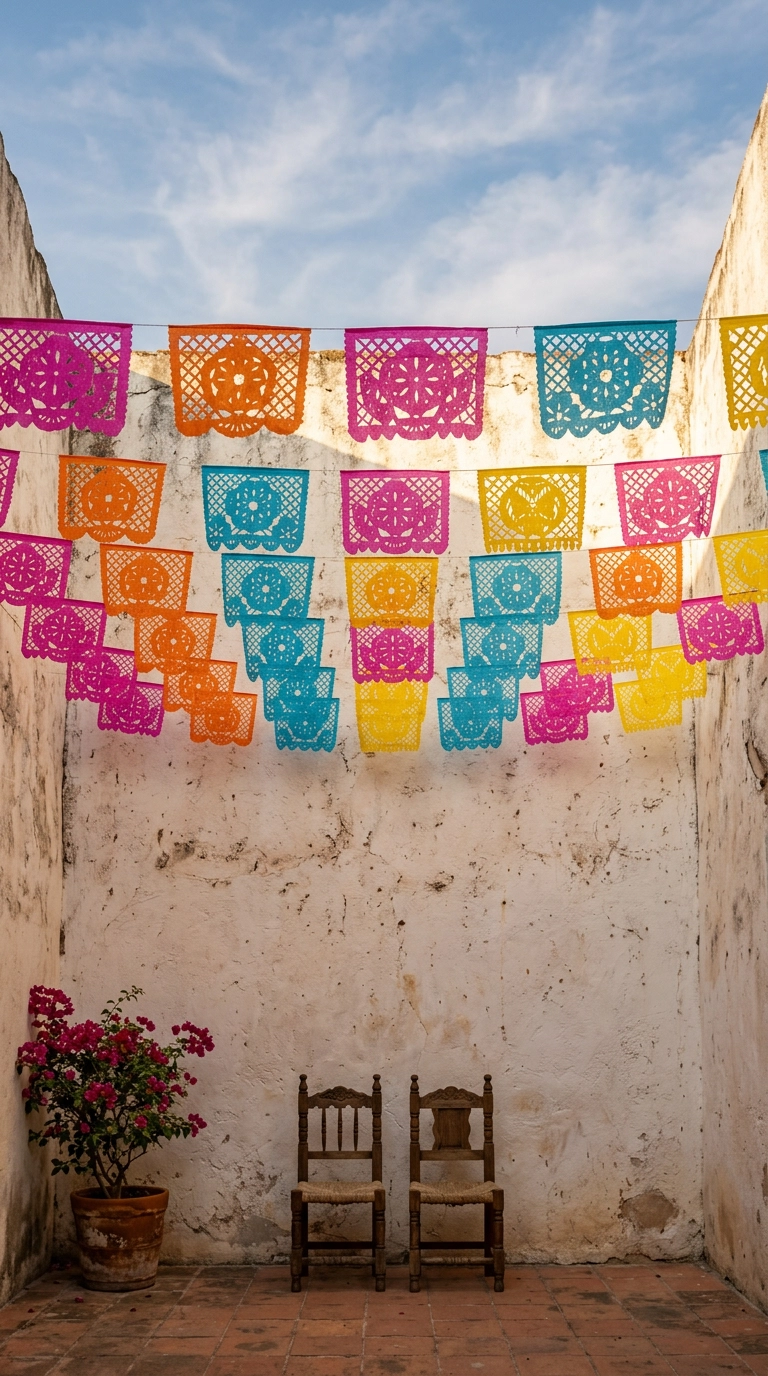 Papel picado banners in fuchsia, orange, and teal strung across a whitewashed hacienda wall as a wedding ceremony backdrop