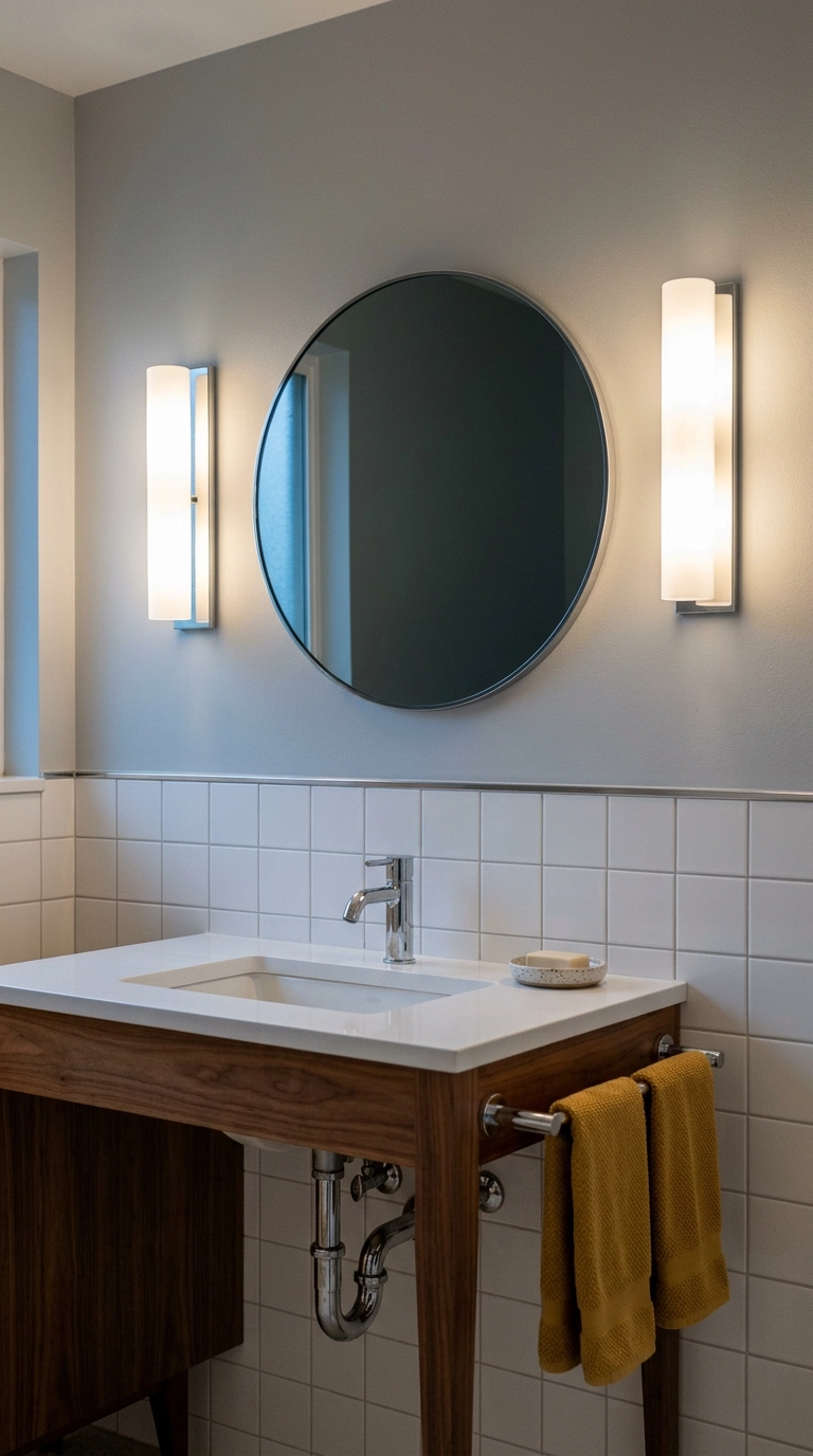 Two milk glass sconces flanking a round mirror above a walnut bathroom vanity