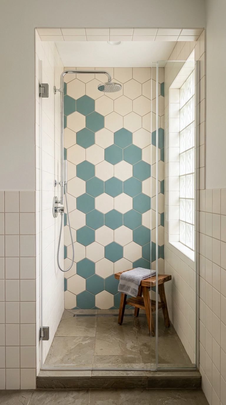 Geometric cream and teal hexagon tile in a mid century shower alcove