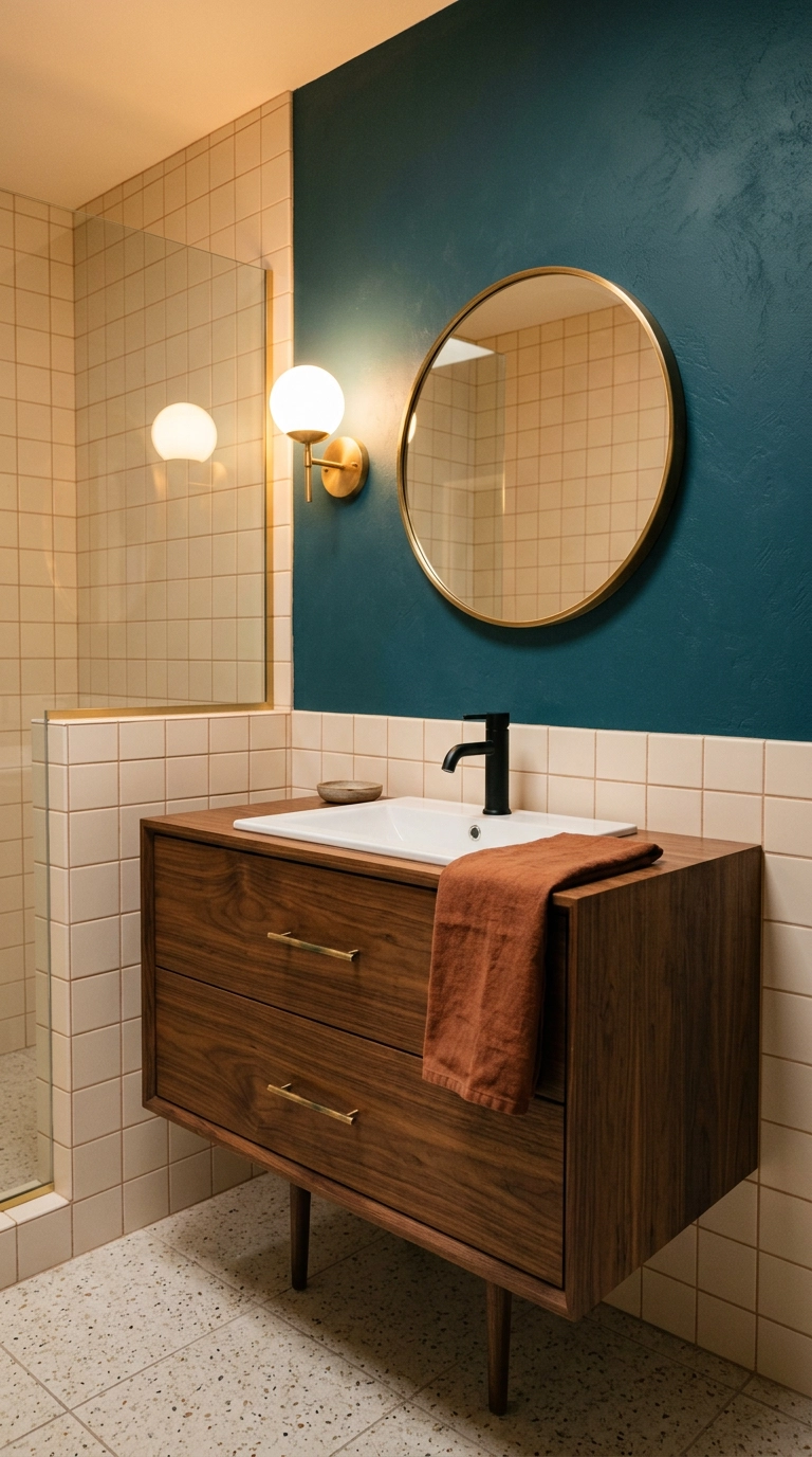 Walnut floating vanity with tapered legs against a deep teal bathroom wall