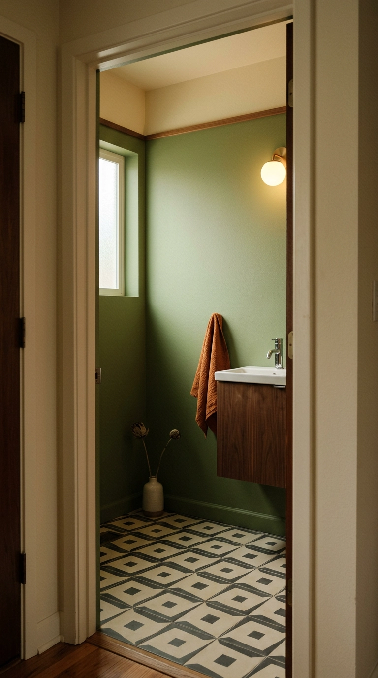 Powder room with muted avocado green walls, walnut sink cabinet, and geometric floor tile