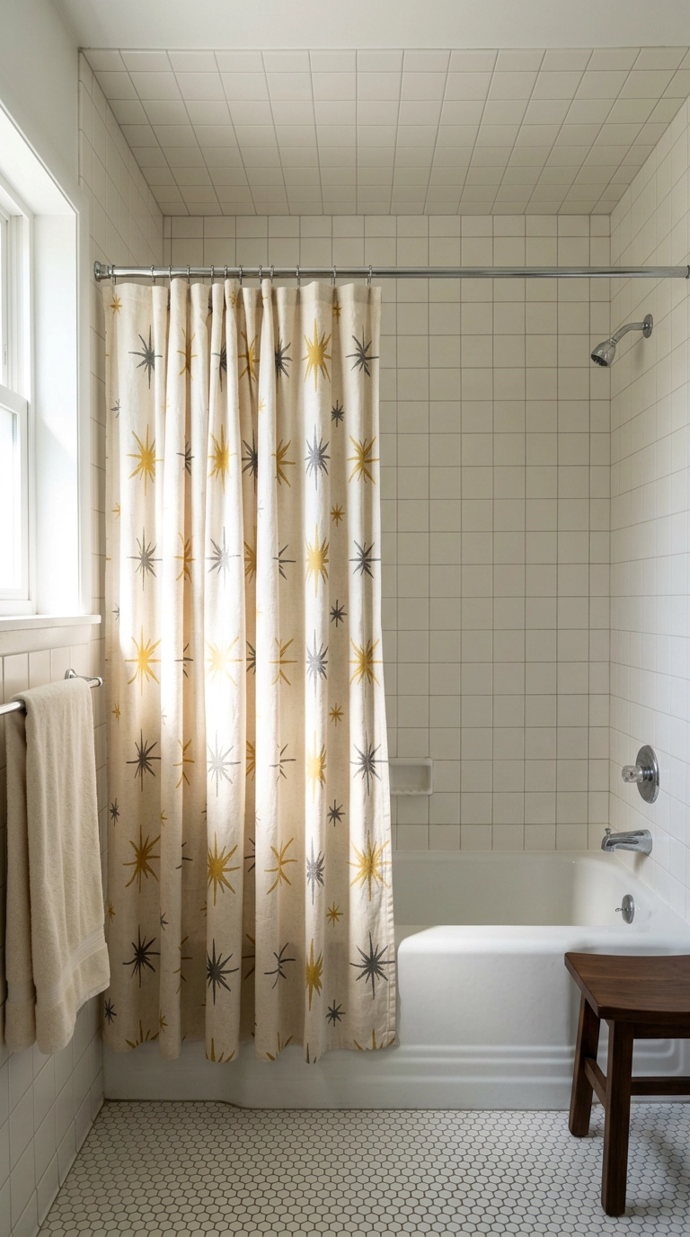 Mustard atomic starburst shower curtain on a chrome rod in a white tile bathroom