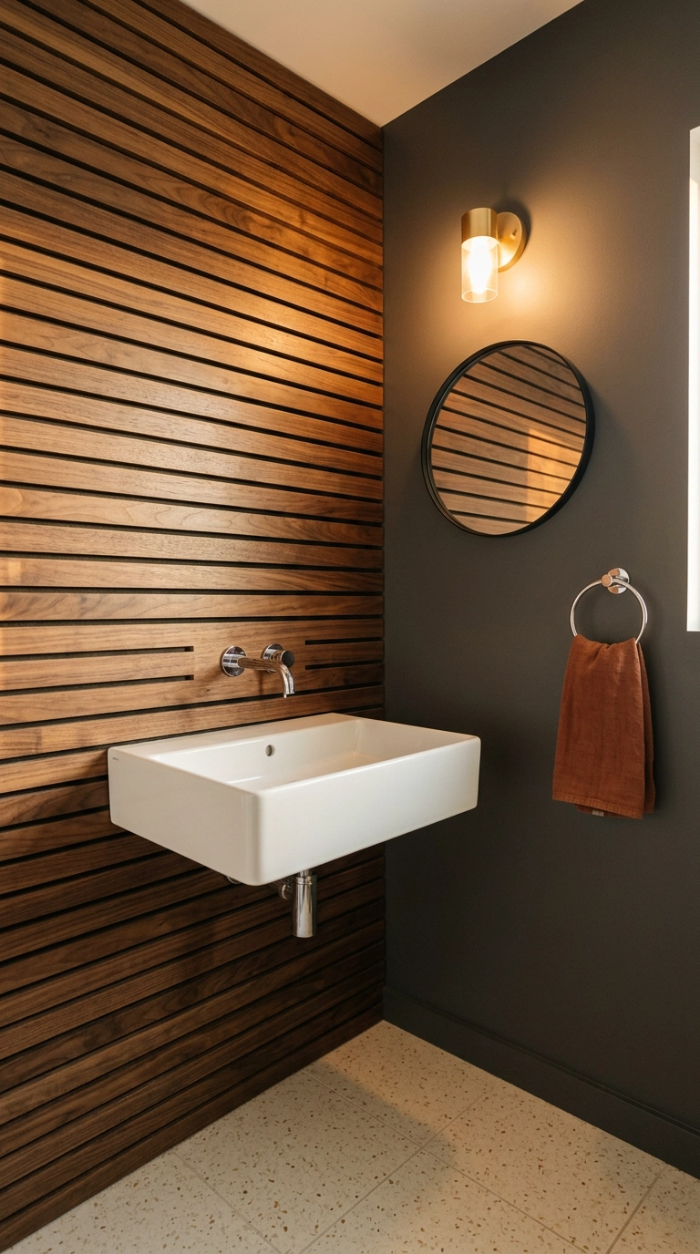 Horizontal walnut slat wall panel behind a wall-hung sink in a charcoal powder room