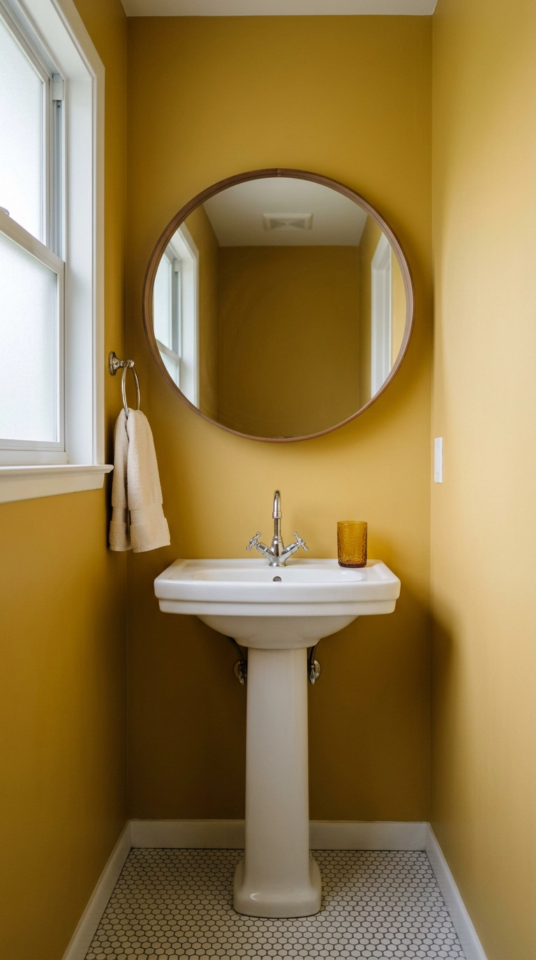 Large round walnut-framed mirror over a pedestal sink in a mustard yellow bathroom