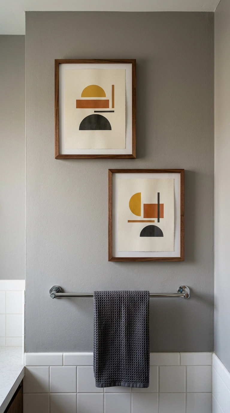 Two abstract geometric prints in thin walnut frames on a grey bathroom wall