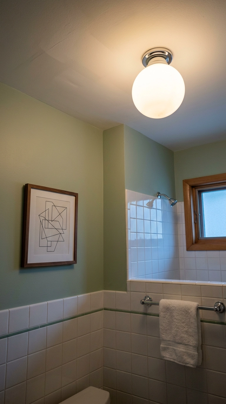 Milk glass globe ceiling light in a sage green mid century bathroom