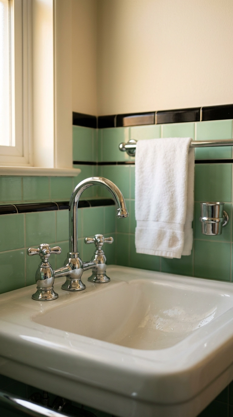 Polished chrome cross-handle faucet against original mint green bathroom tile