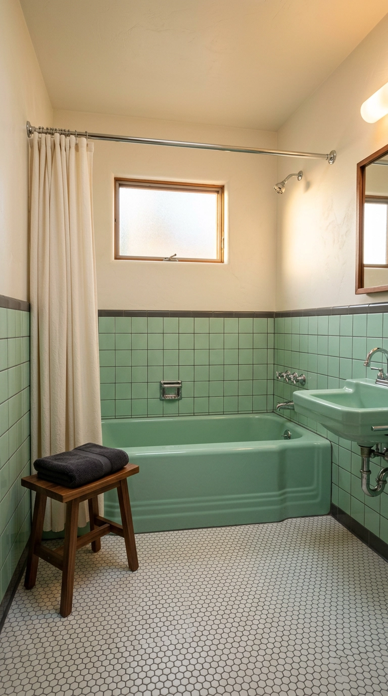 Re-glazed mint green cast iron tub with matching tile in a 1950s bathroom