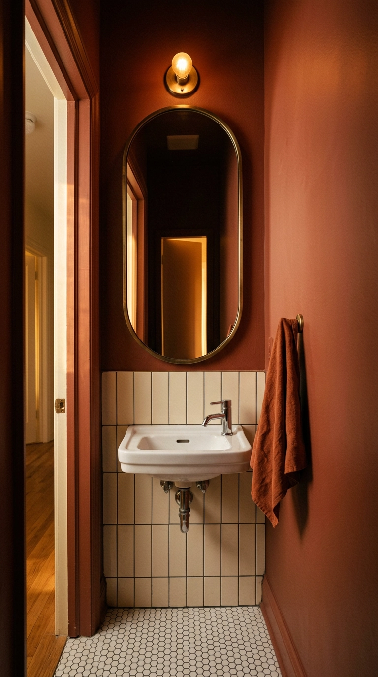 Tall capsule-shaped brass mirror on a terracotta wall in a narrow bathroom