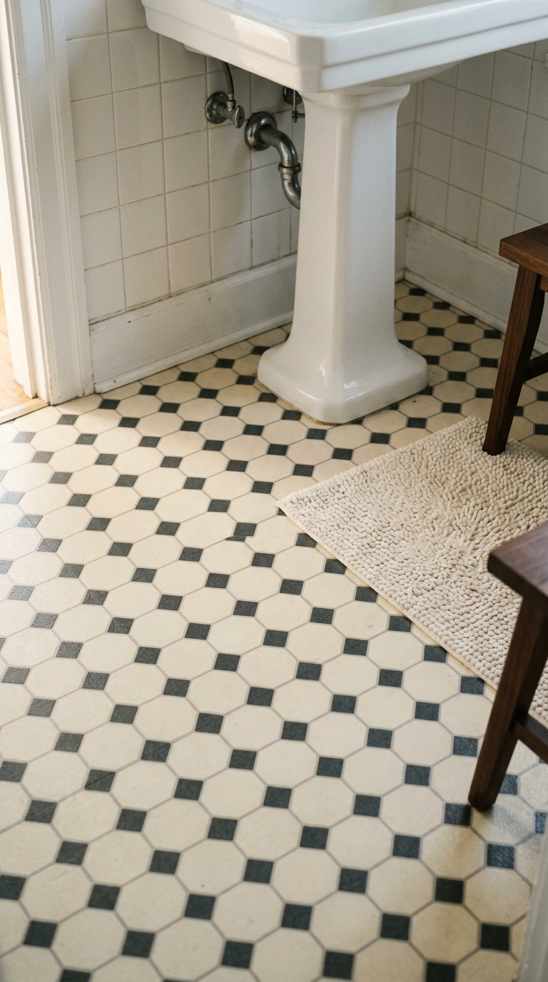 Cream and charcoal geometric peel-and-stick vinyl floor in a small rental bathroom