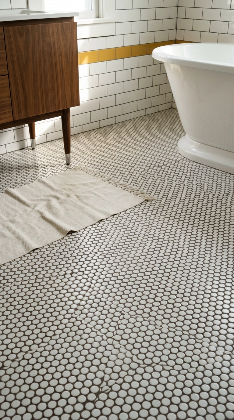 White penny round tile floor with charcoal grout in a mid century bathroom