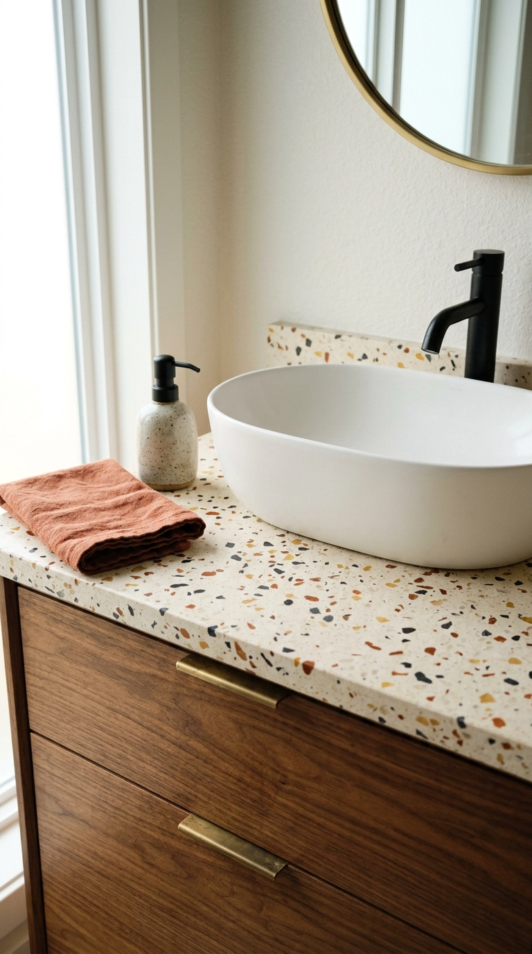 Cream terrazzo bathroom countertop with rust and yellow chips above a walnut drawer