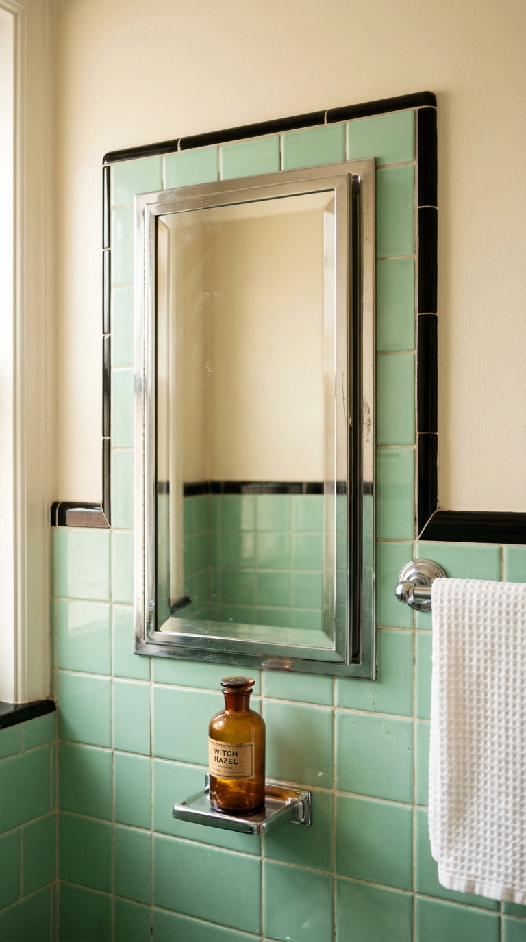 Restored chrome vintage medicine cabinet surrounded by mint green tile