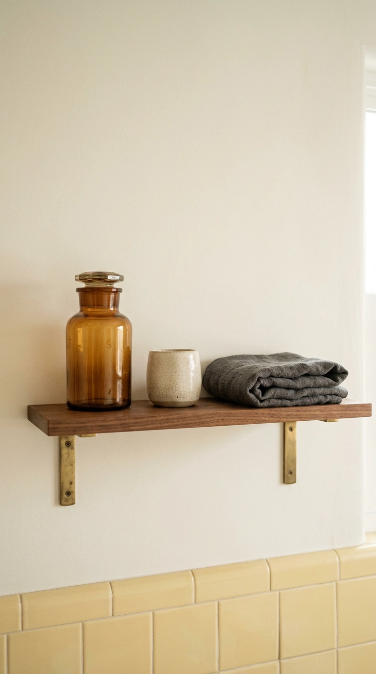 Walnut bathroom shelf styled with amber glass jar and ceramic vessel