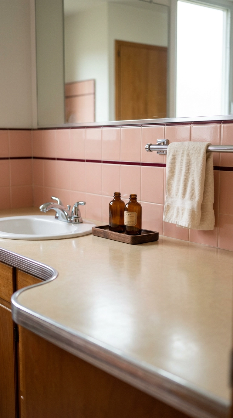 Nearly bare bathroom counter with a walnut tray and two amber glass bottles