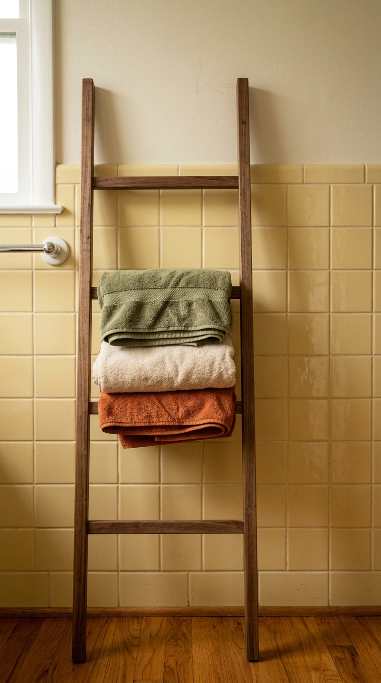 Olive, cream and burnt orange towels on a walnut ladder against butter yellow tile