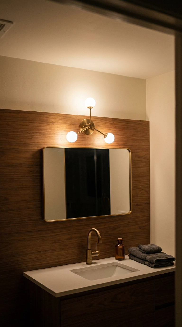 Atomic starburst light fixture with opal shades above a walnut bathroom vanity