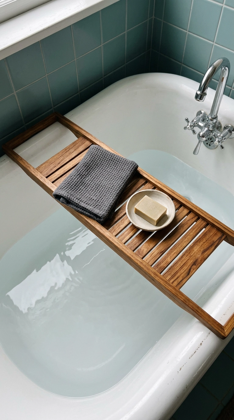 Oiled teak bath caddy across a white tub with a charcoal washcloth