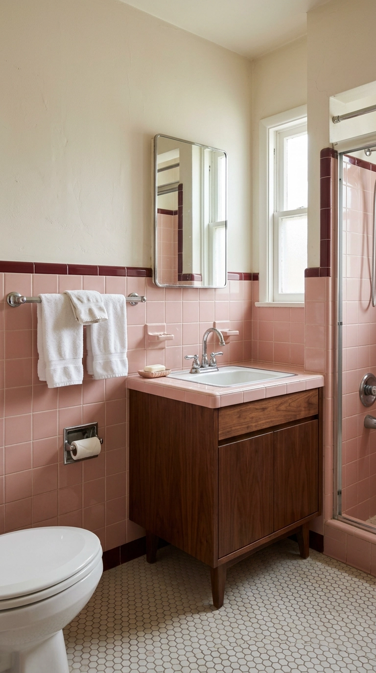 Original pink 1950s tile bathroom with walnut vanity and chrome fixtures