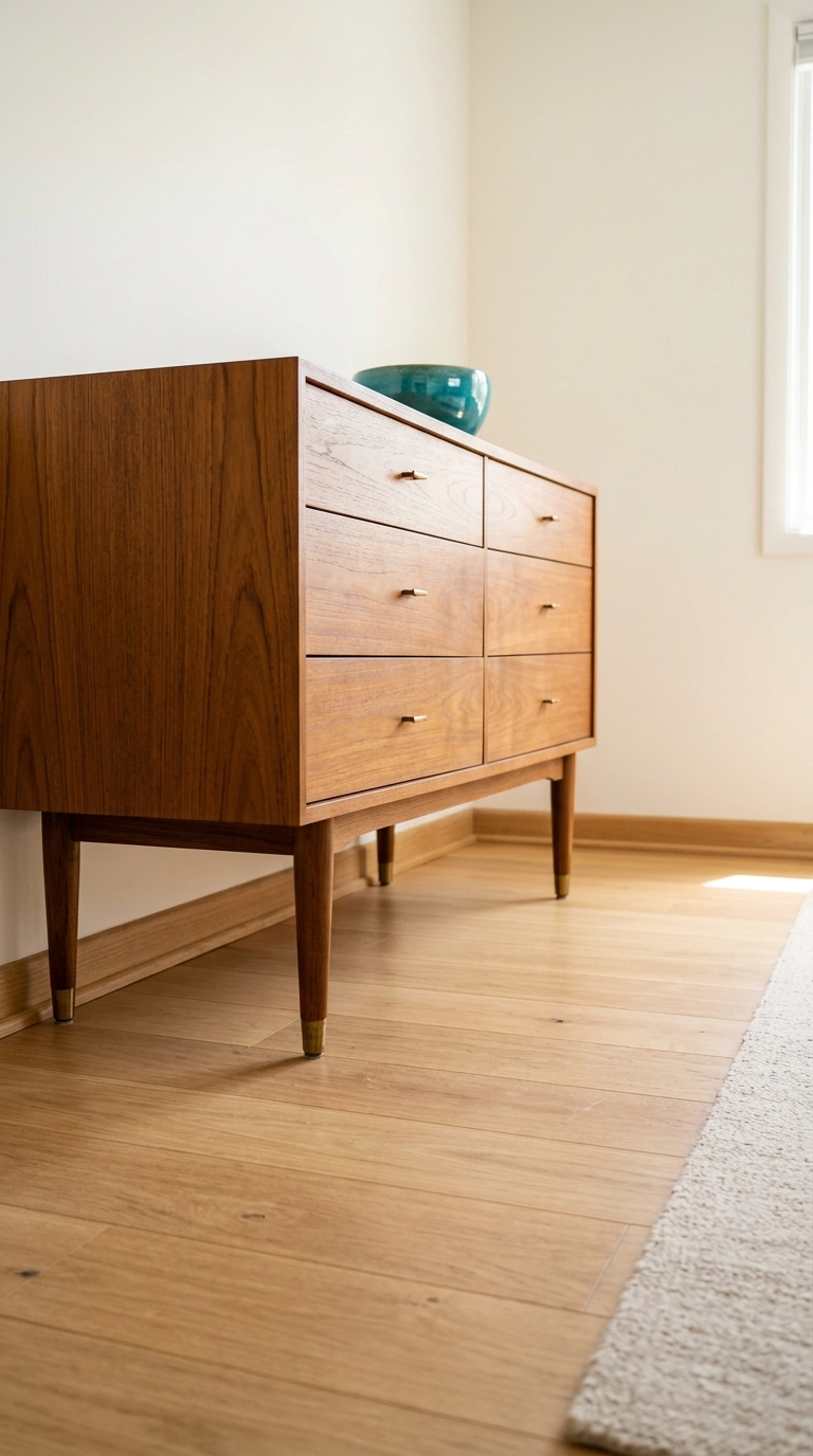 Teak mid century dresser raised on tapered legs with open floor visible underneath