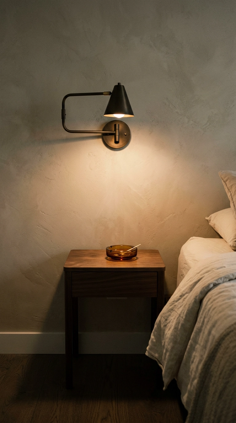 Blackened brass swing-arm sconce casting a warm pool of light above a walnut nightstand