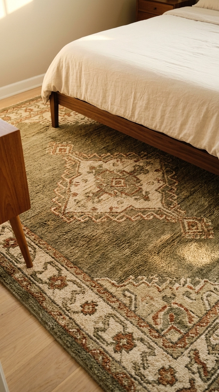 Low-pile geometric wool rug in olive and rust extending past a walnut bed frame