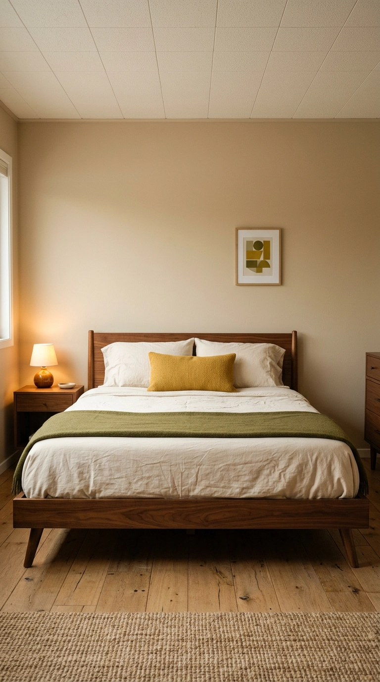 Mid century modern bedroom with a walnut platform bed, mustard lumbar pillow, and olive wool blanket