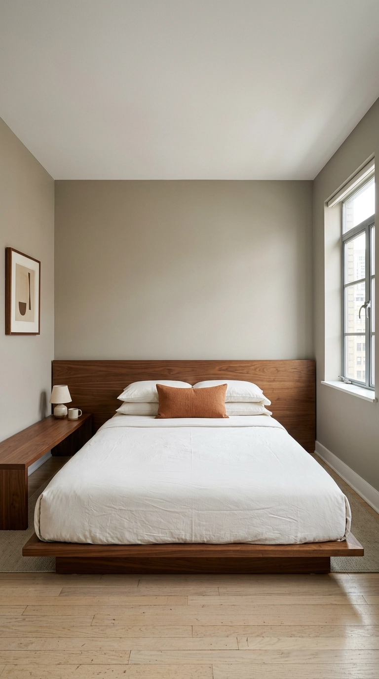 Very low walnut platform bed with a wide horizontal headboard in a small apartment bedroom