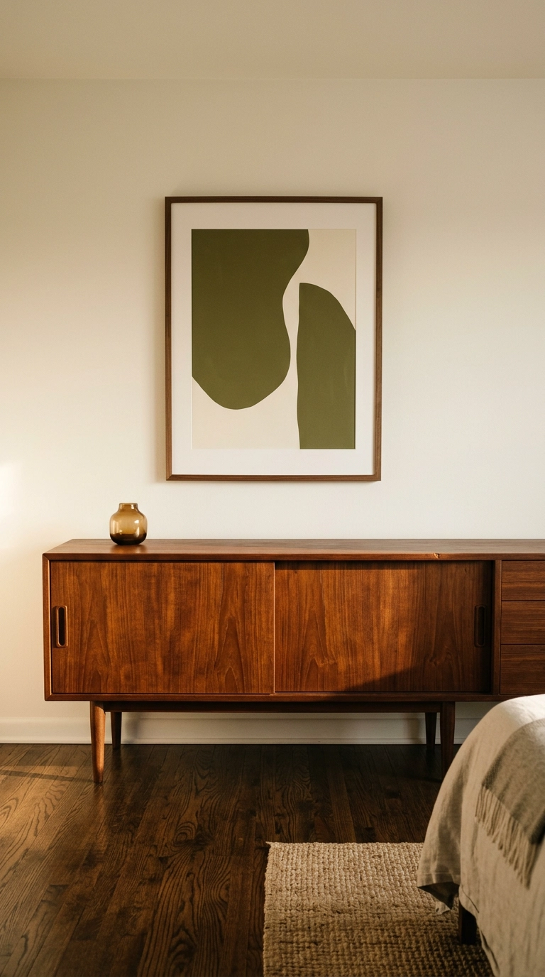 Freshly oil-refinished vintage teak credenza with tapered legs and deep grain