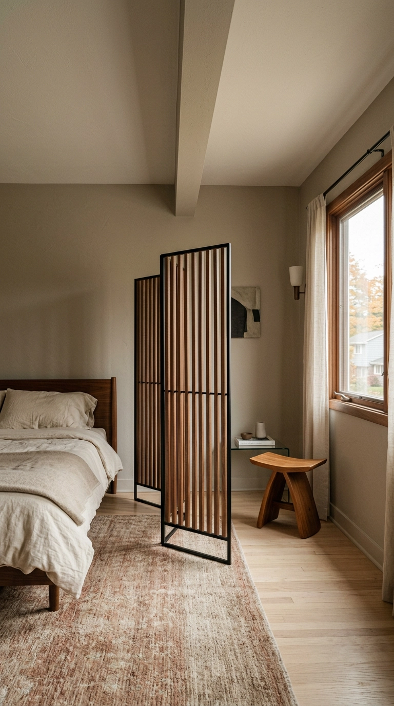 Walnut slatted folding screen dividing a seating corner from the bed in a mid century bedroom