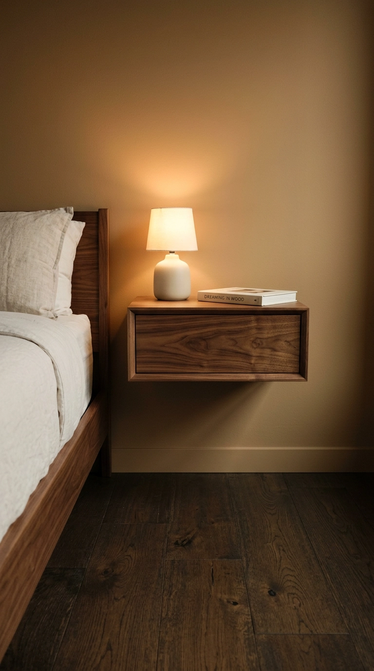Floating walnut nightstand wall-mounted with open floor visible underneath