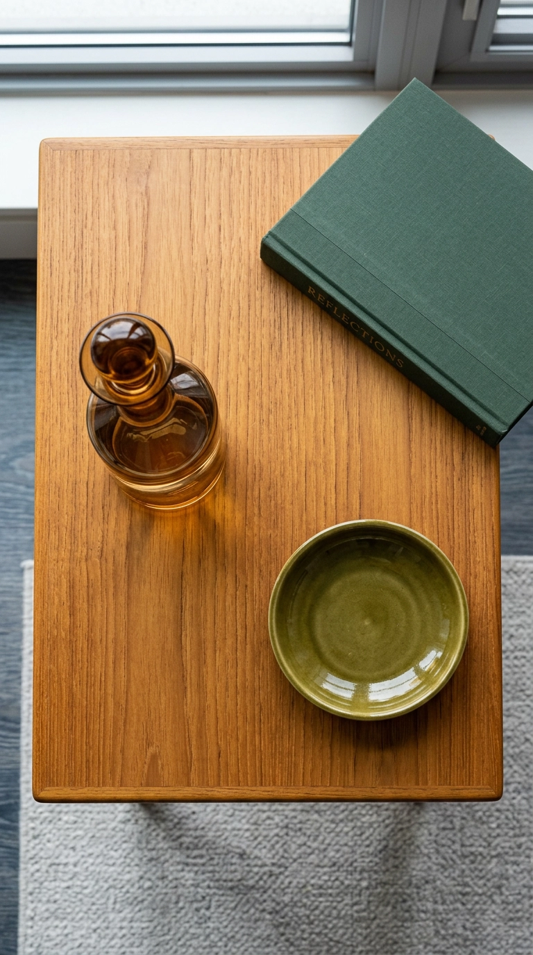 Three objects styled with wide gaps on a honey teak nightstand top