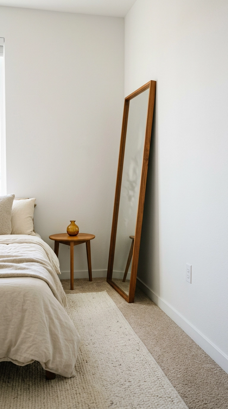 Slim teak-framed mirror leaning at an angle in a rented bedroom corner