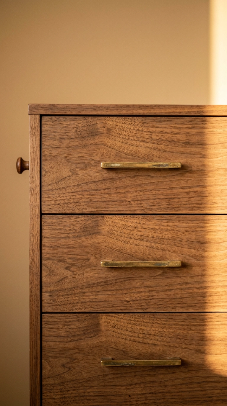 Walnut dresser drawers with slim unlacquered brass pulls in warm afternoon light
