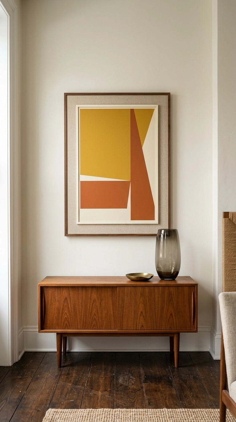 Hard-edged geometric abstract artwork in mustard and rust above a teak credenza