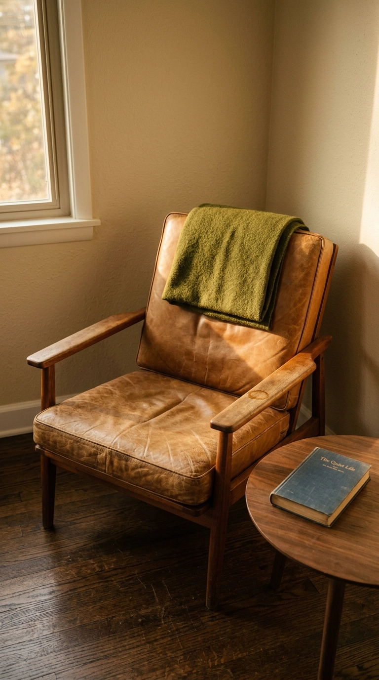 Worn vintage teak lounge chair with patinated tan leather cushions in a bedroom corner