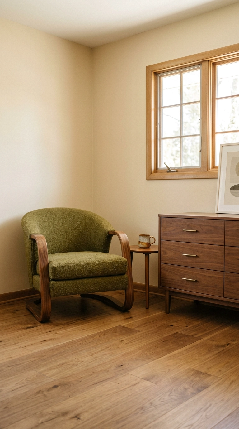 Curved barrel-back armchair in olive wool beside a straight-lined walnut dresser