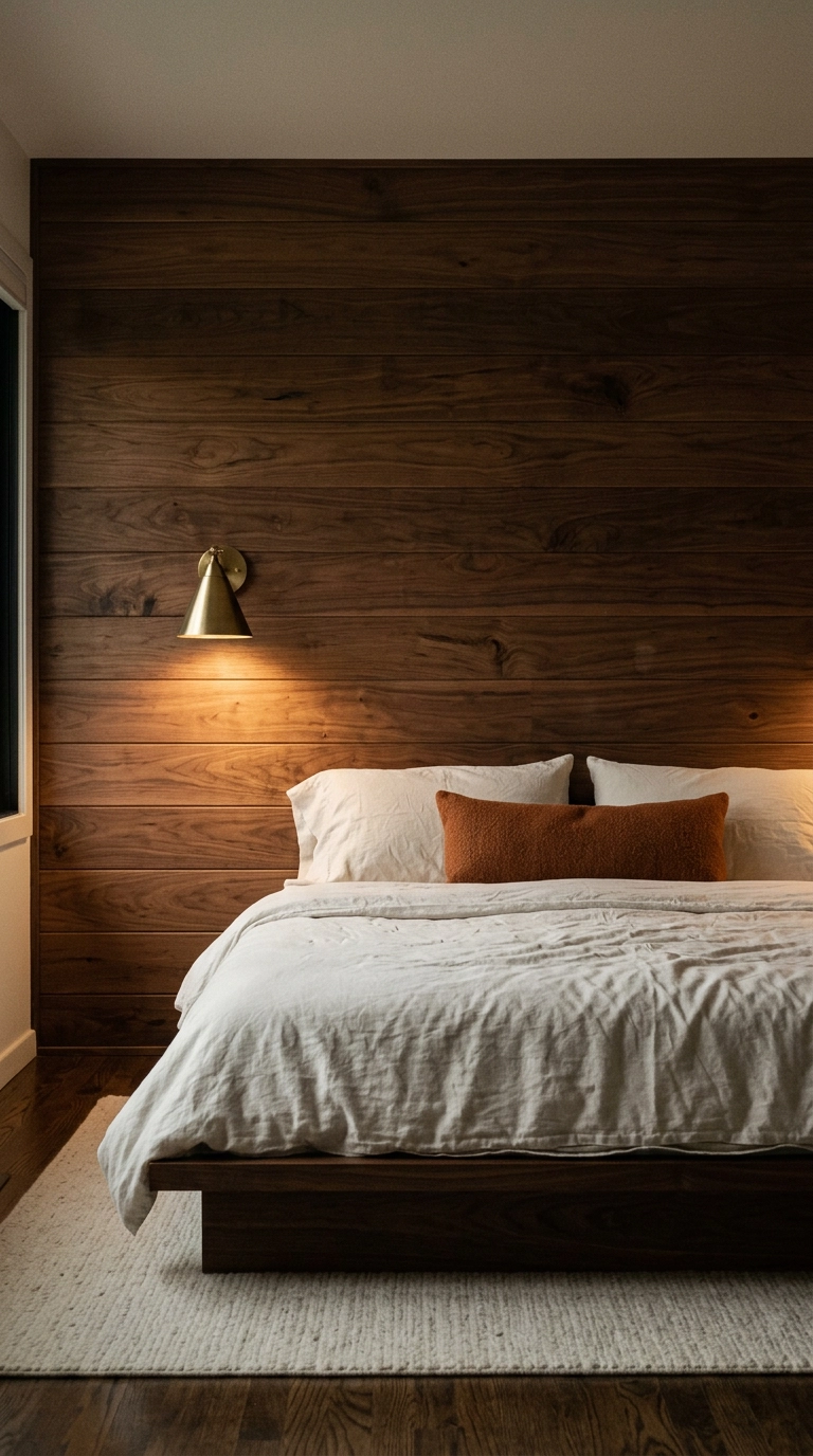 Horizontal walnut plank paneling covering the bed wall with a brass cone sconce