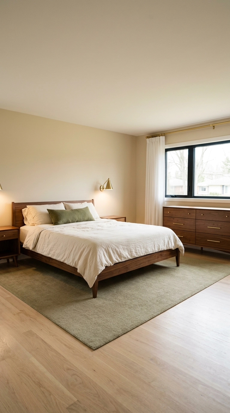 Bedroom repeating brushed brass in the sconce, drawer pulls, and curtain rod