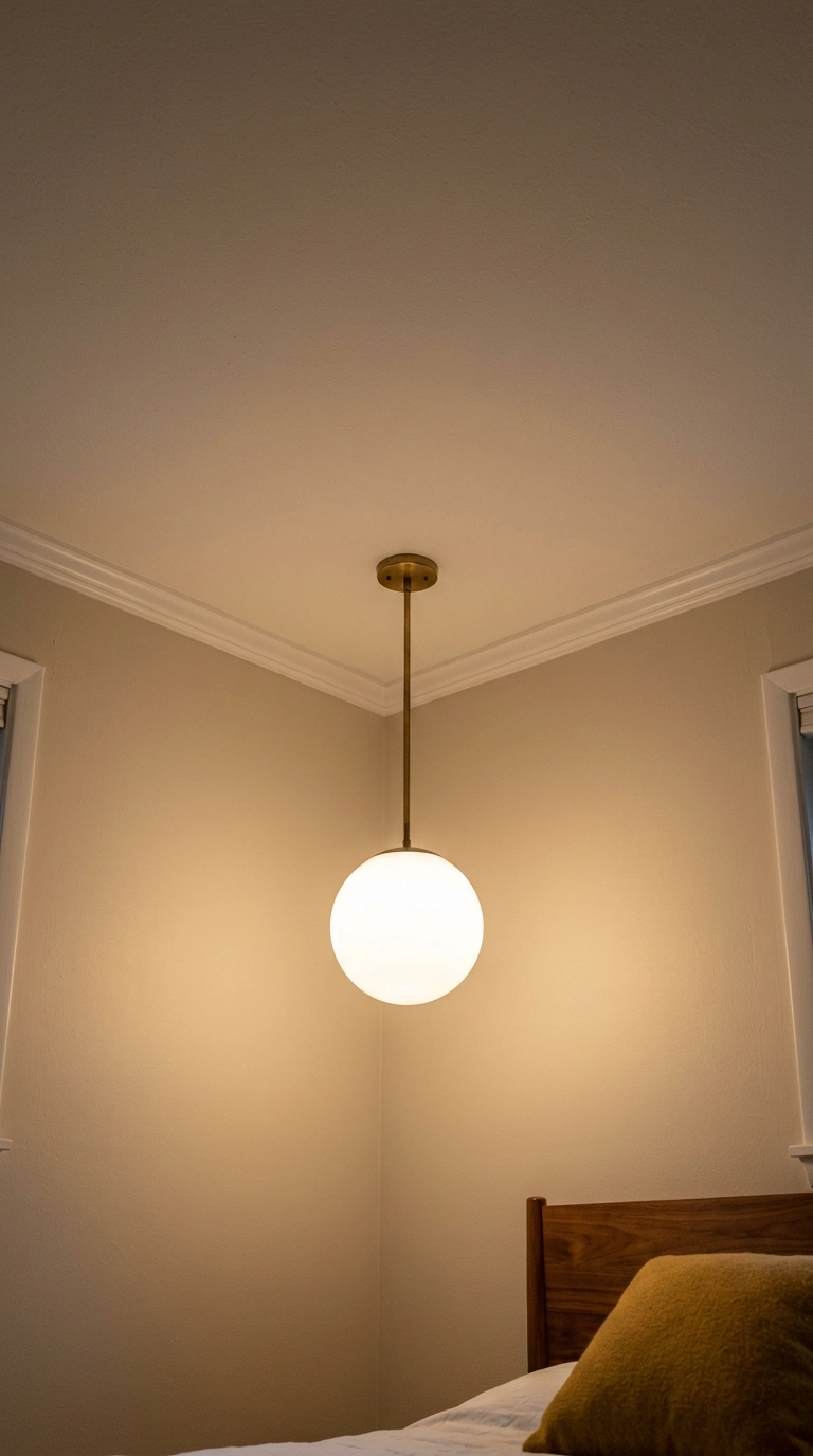Opal glass globe pendant on a brass stem glowing warm above a walnut headboard