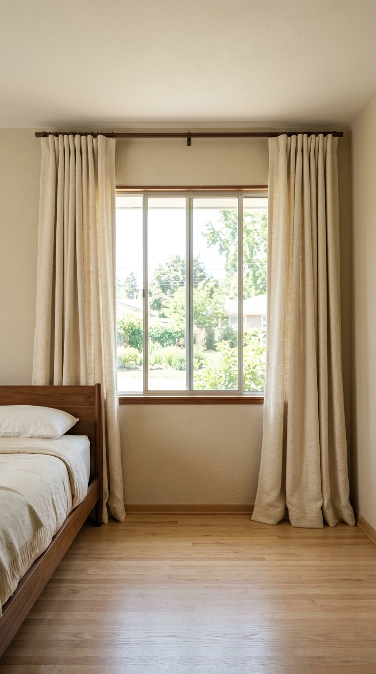 Nubby cream curtains on a walnut rod mounted high beside a wide picture window