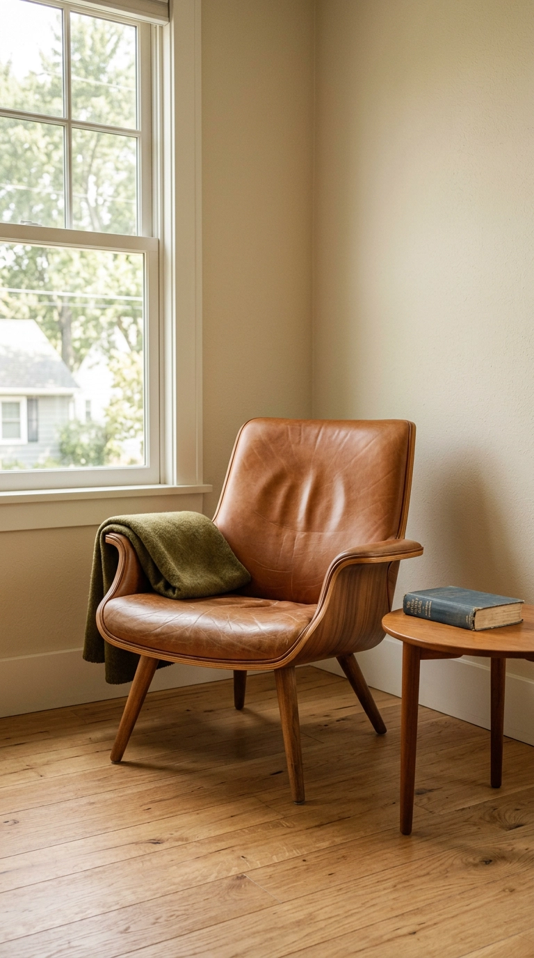 Sculptural bent plywood lounge chair in cognac leather alone in a bright bedroom corner