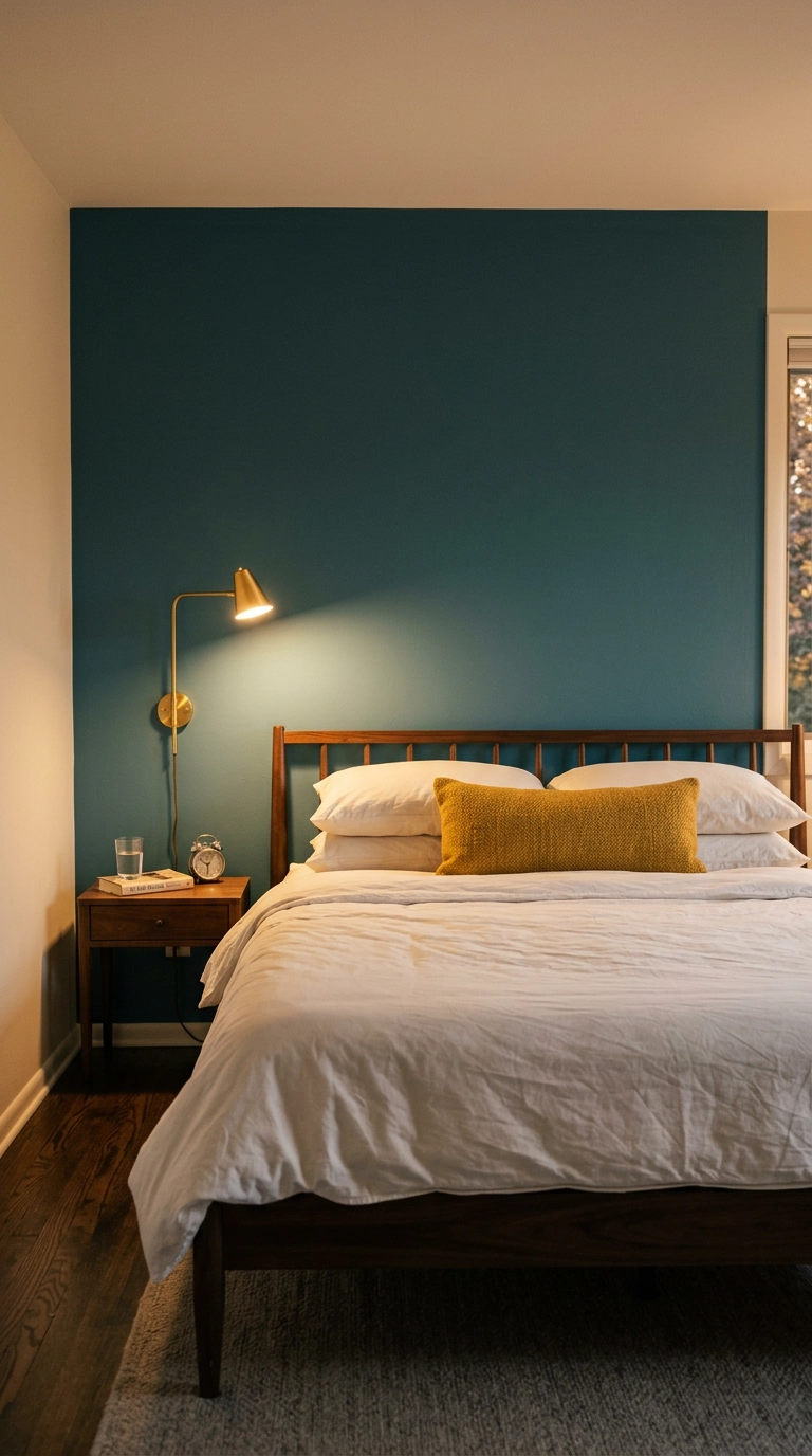 Deep muted teal accent wall behind a walnut mid century bed with a brass sconce