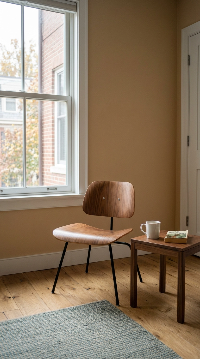 New bent plywood side chair with slim black metal legs in a bedroom reading corner