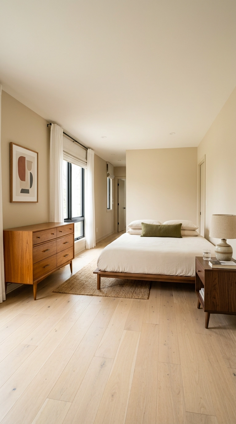 Bedroom mixing a honey teak dresser with a darker walnut nightstand and oatmeal walls