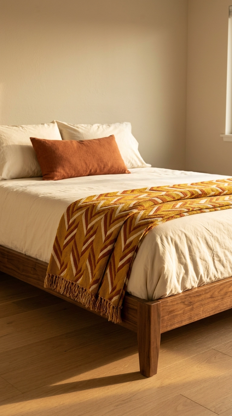 Bold geometric woven throw in mustard and rust folded across a walnut bed