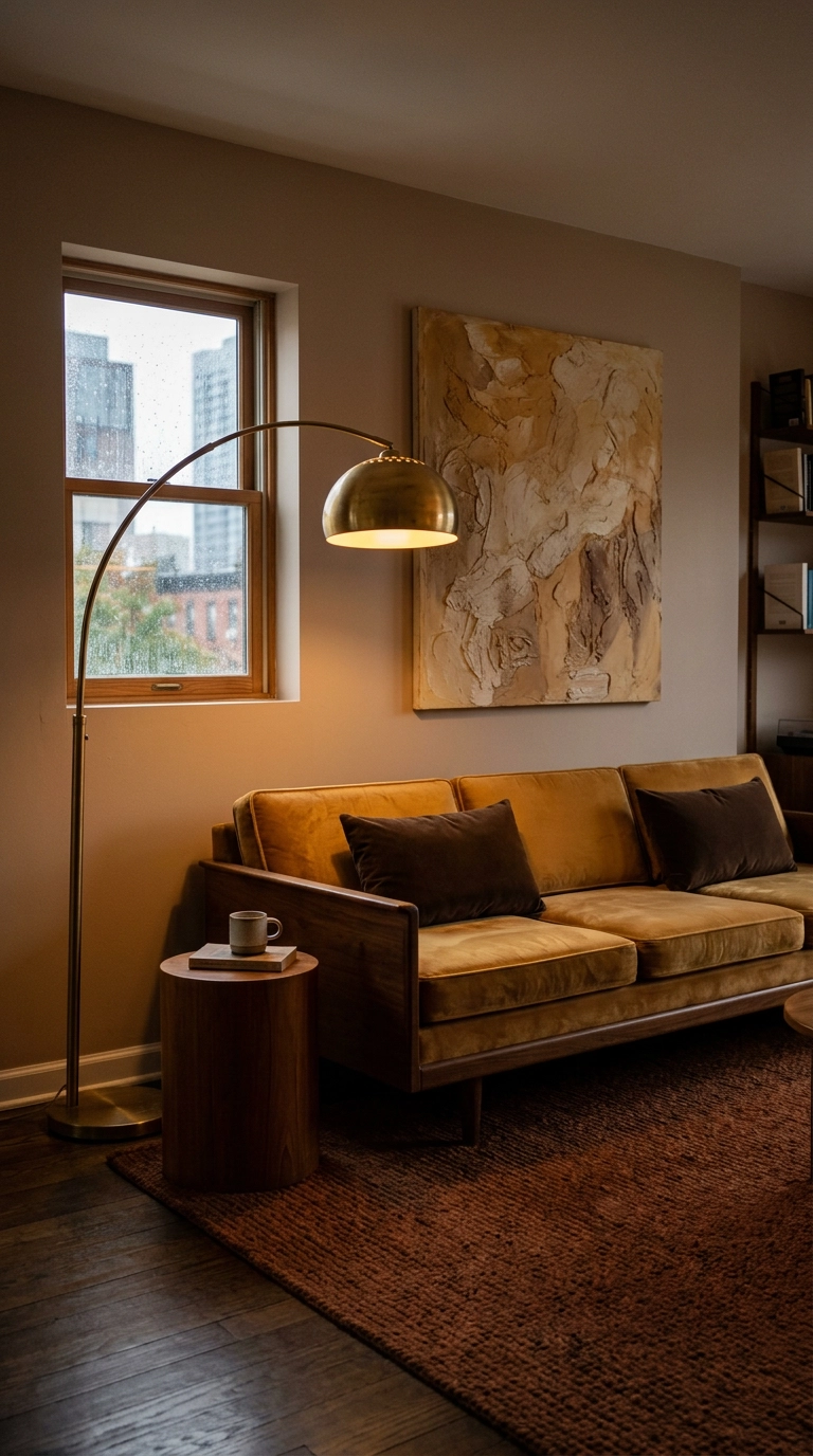 Golden ochre velvet sofa and brass arc lamp warming a dark north-facing apartment living room